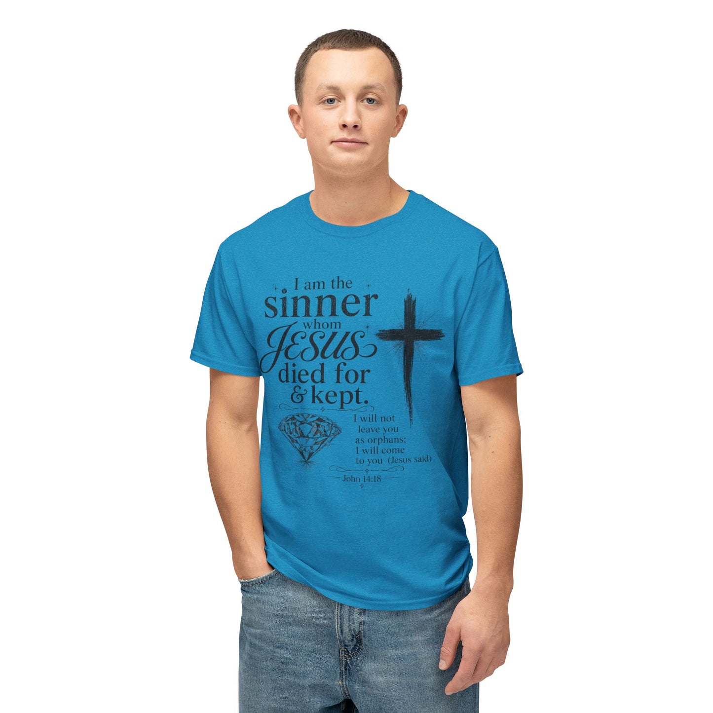 Christian Faith T-Shirt — "I am the sinner whom Jesus died for & kept" Pink Tee