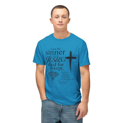 Christian Faith T-Shirt — "I am the sinner whom Jesus died for & kept" Pink Tee