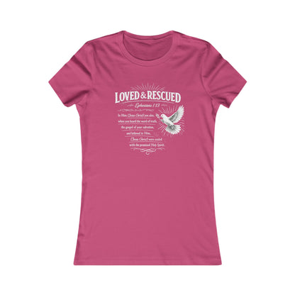 Loved & Rescued Women’s Tee — Inspirational Christian Dove Shirt (Romans 5:8)