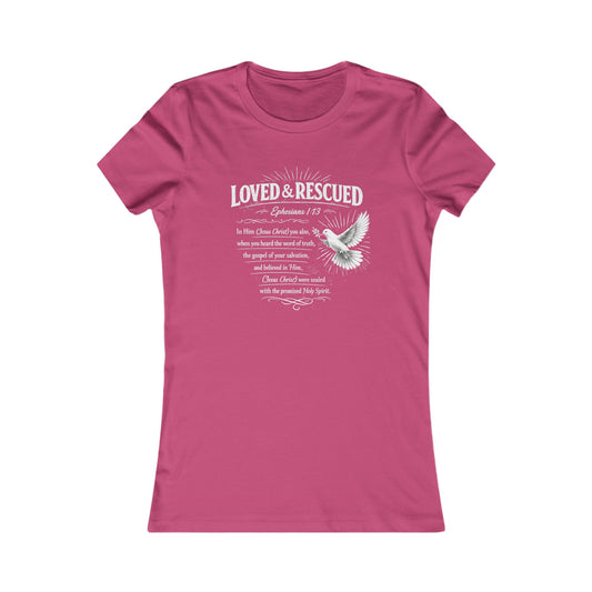 Loved & Rescued Women’s Tee — Inspirational Christian Dove Shirt (Romans 5:8)