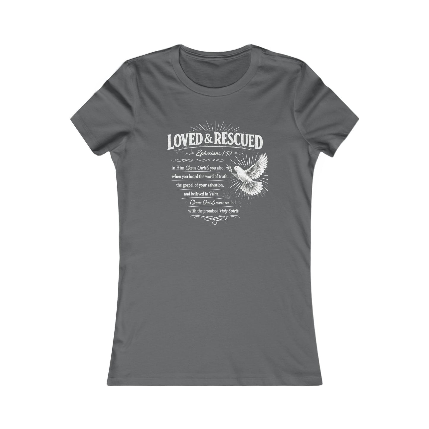 Loved & Rescued Women’s Tee — Inspirational Christian Dove Shirt (Romans 5:8)
