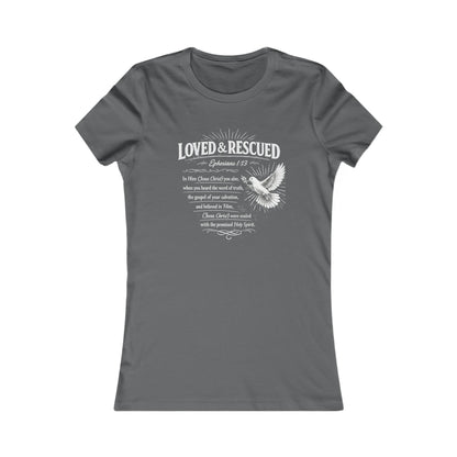 Loved & Rescued Women’s Tee — Inspirational Christian Dove Shirt (Romans 5:8)