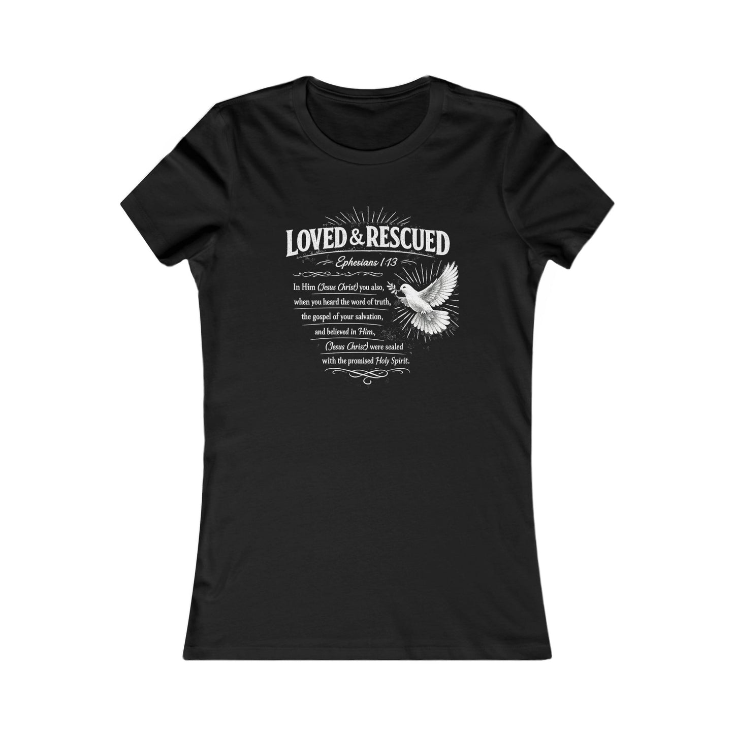 Loved & Rescued Women’s Tee — Inspirational Christian Dove Shirt (Romans 5:8)