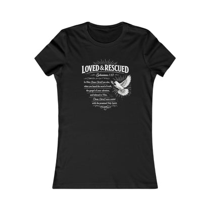 Loved & Rescued Women’s Tee — Inspirational Christian Dove Shirt (Romans 5:8)