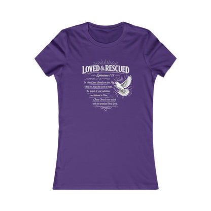 Loved & Rescued Women’s Tee — Inspirational Christian Dove Shirt (Romans 5:8)
