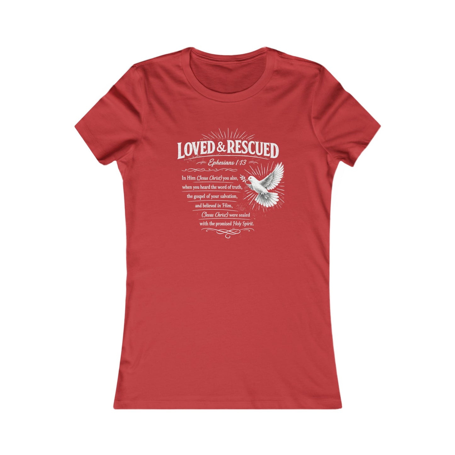 Loved & Rescued Women’s Tee — Inspirational Christian Dove Shirt (Romans 5:8)