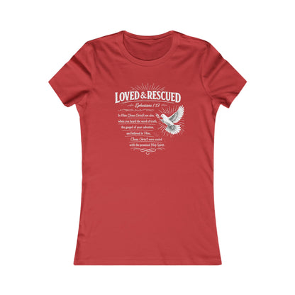Loved & Rescued Women’s Tee — Inspirational Christian Dove Shirt (Romans 5:8)