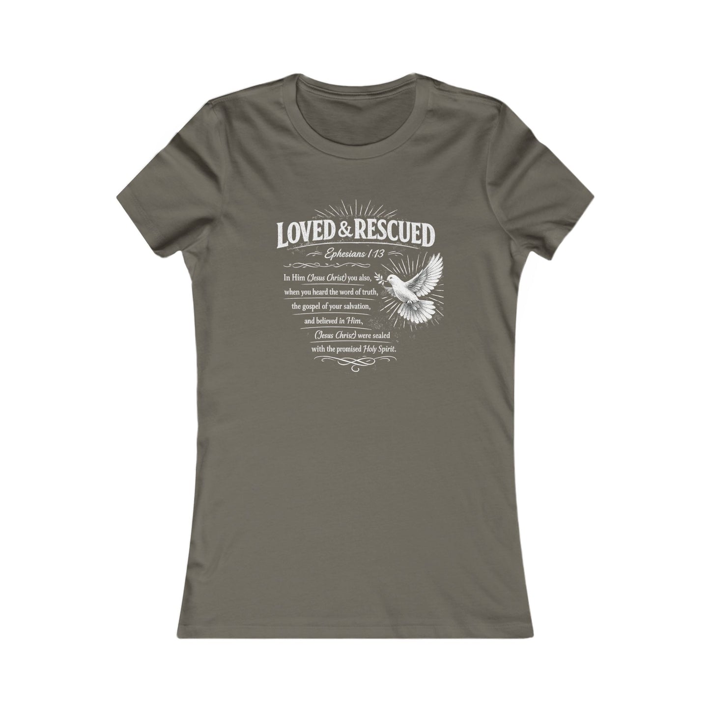 Loved & Rescued Women’s Tee — Inspirational Christian Dove Shirt (Romans 5:8)