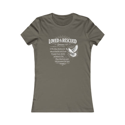 Loved & Rescued Women’s Tee — Inspirational Christian Dove Shirt (Romans 5:8)