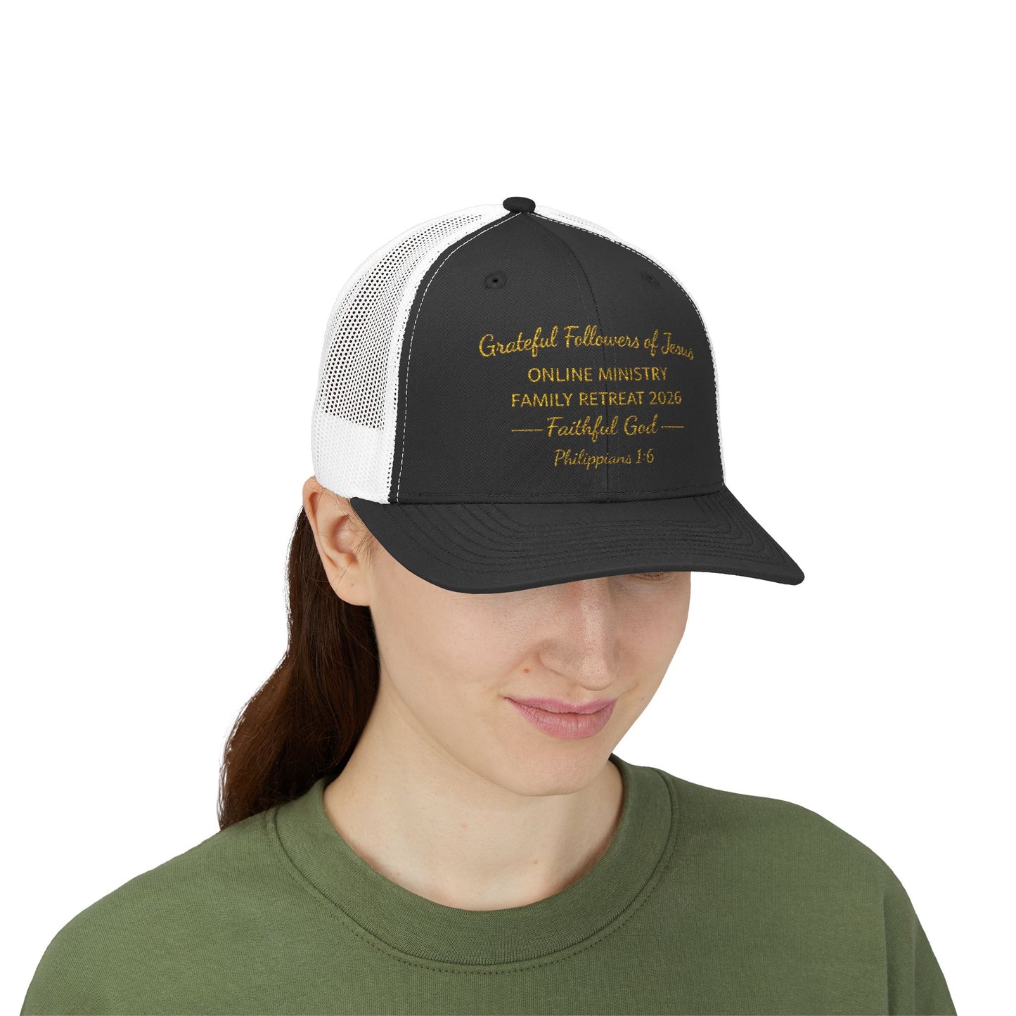 Embroidered Faith Retreat Trucker Cap — 'Faithful God' Family Ministry Snapback