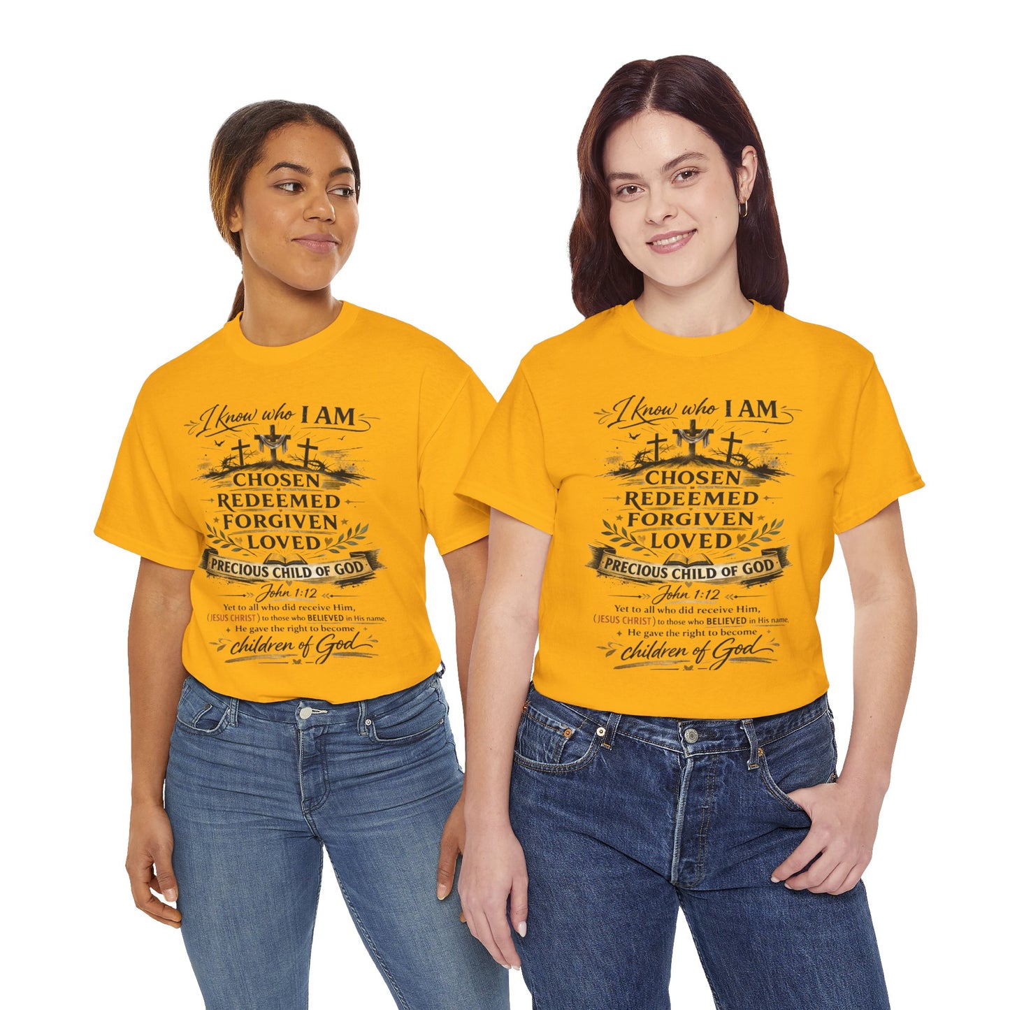 Christian Faith T-Shirt – “I Know Who I Am” Chosen, Redeemed, Forgiven Design