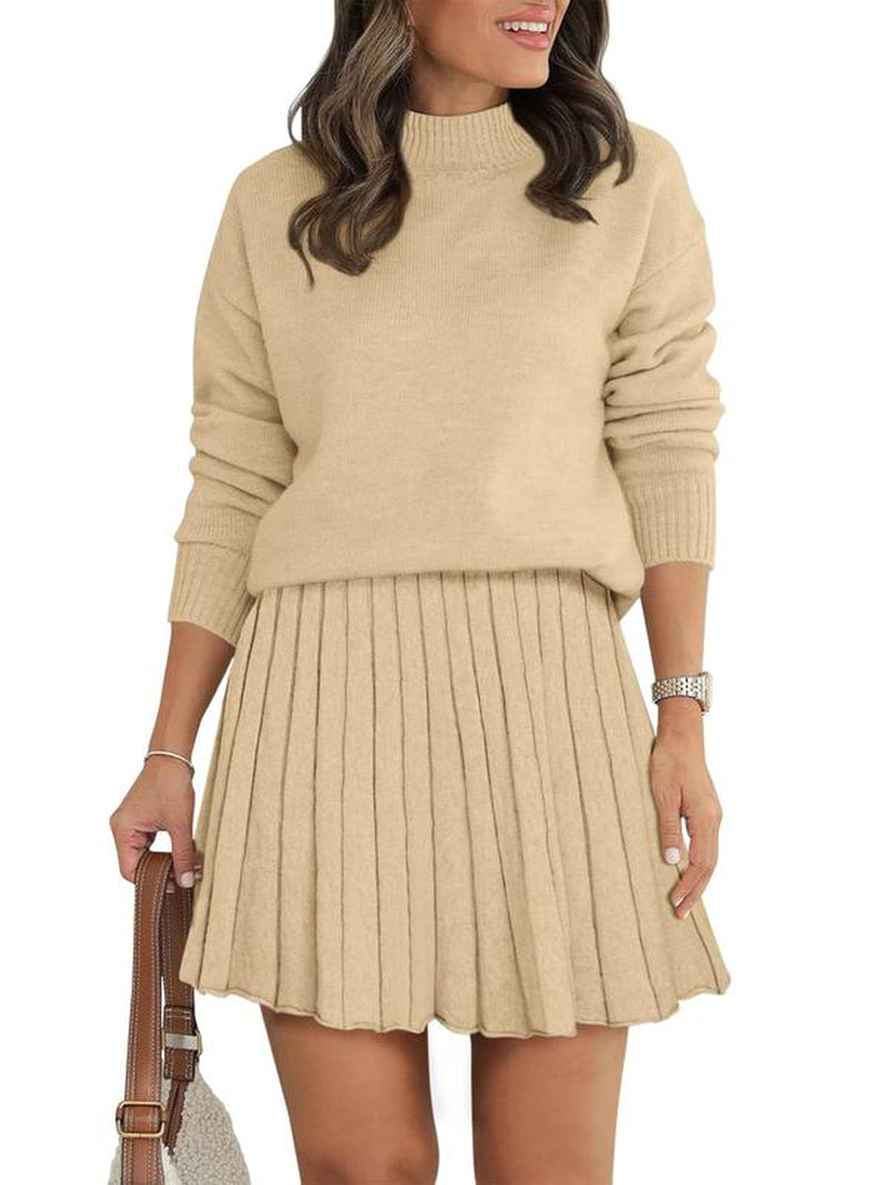 Women'S Two Piece Outfits Turtleneck Long Sleeve Ribbed Knit Tops Pleated Mini Skirt 2025 Casual Sweater Sets