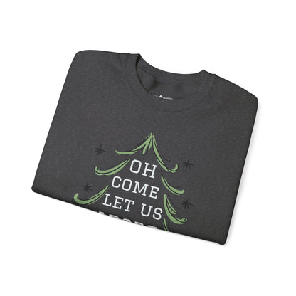 Unisex-Oh Come Let Us Adore Him Sweatshirt — Christmas Tree Nativity Holiday Crewneck
