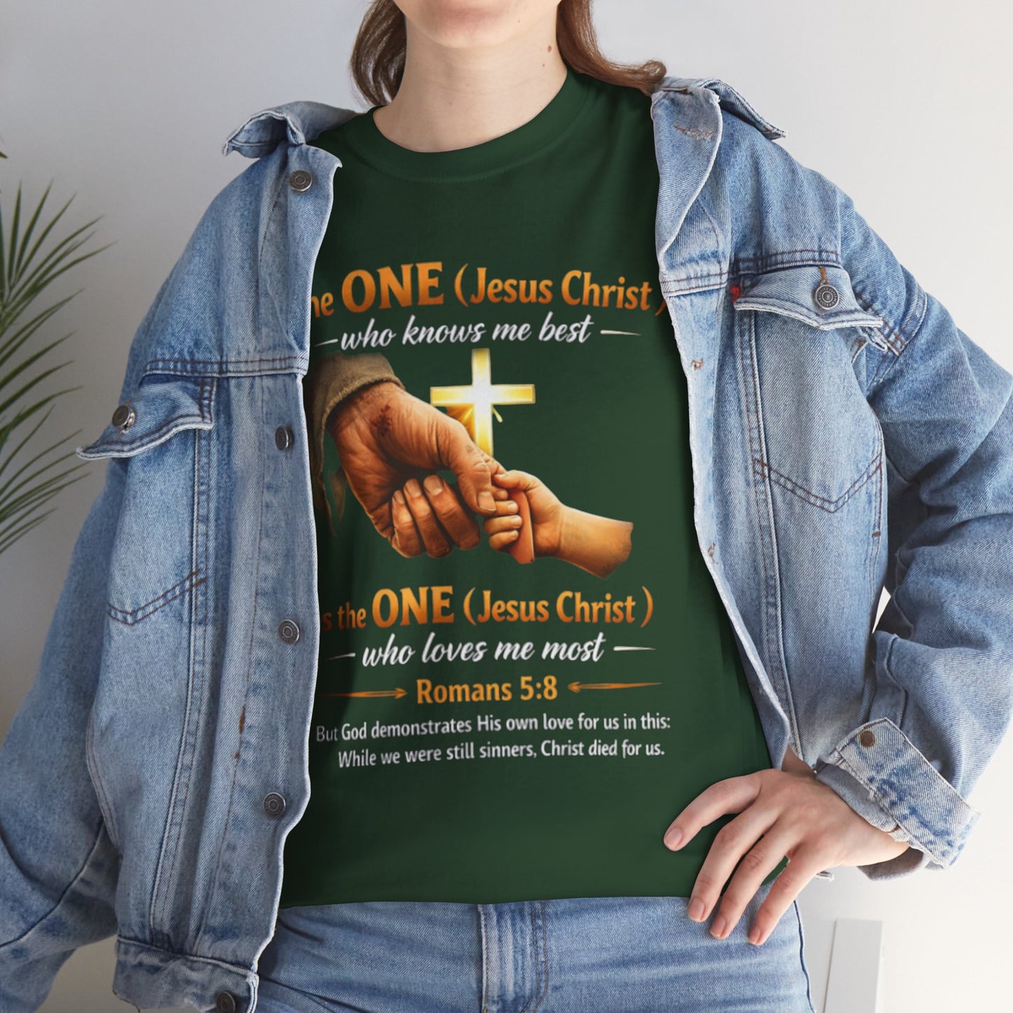 Christian T-Shirt — "The ONE (Jesus Christ)" Cross & Romans 5:8 Inspirational Tee