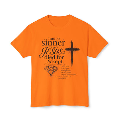 Christian Faith T-Shirt — "I am the sinner whom Jesus died for & kept" Pink Tee
