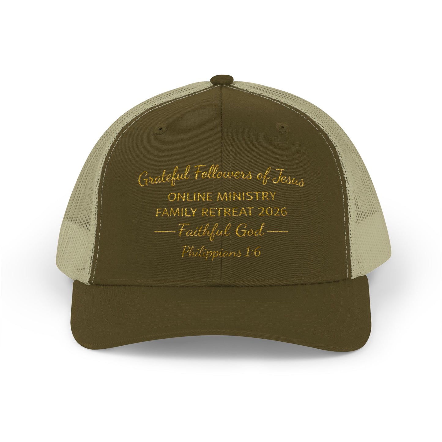 Embroidered Faith Retreat Trucker Cap — 'Faithful God' Family Ministry Snapback