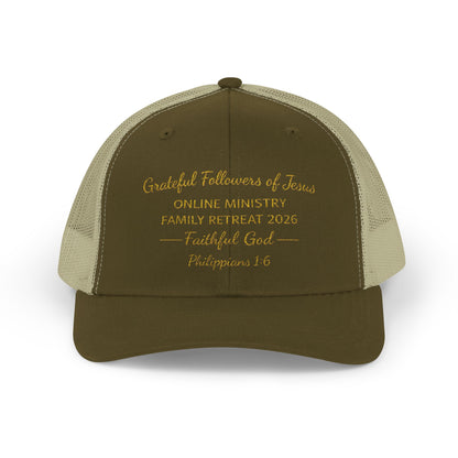 Embroidered Faith Retreat Trucker Cap — 'Faithful God' Family Ministry Snapback