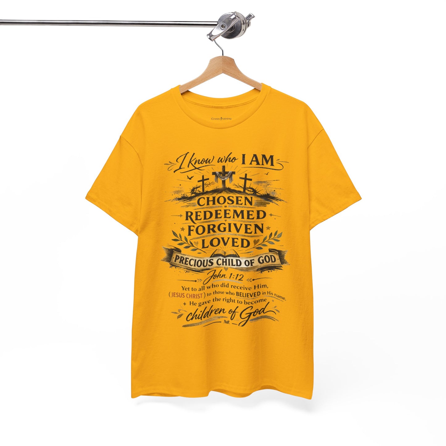 Christian Faith T-Shirt – “I Know Who I Am” Chosen, Redeemed, Forgiven Design