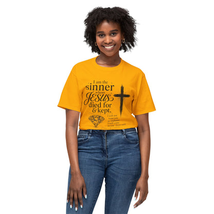 Christian Faith T-Shirt — "I am the sinner whom Jesus died for & kept" Pink Tee