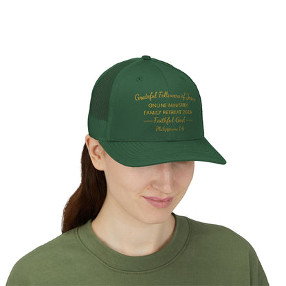 Embroidered Faith Retreat Trucker Cap — 'Faithful God' Family Ministry Snapback