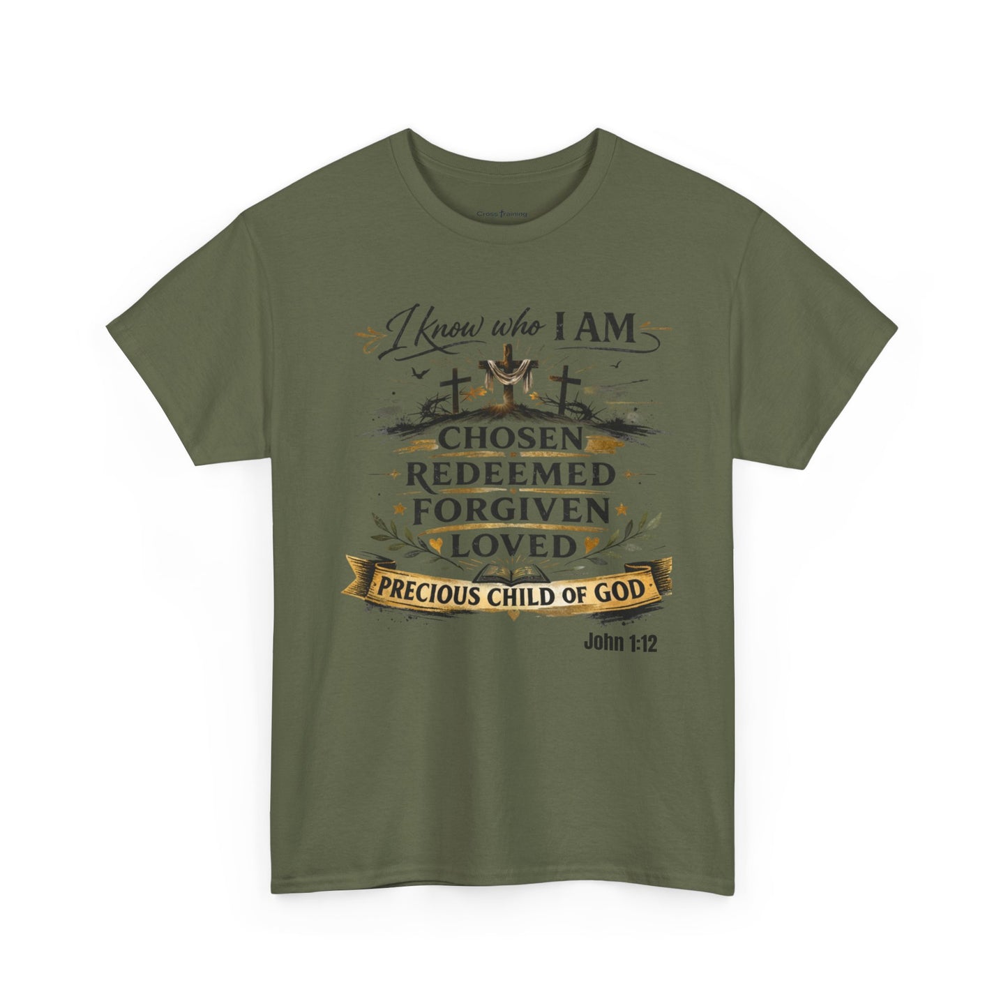 Christian Tee – "I Know Who I Am: Chosen, Redeemed, Forgiven, Loved" Spiritual Faith T-Shirt