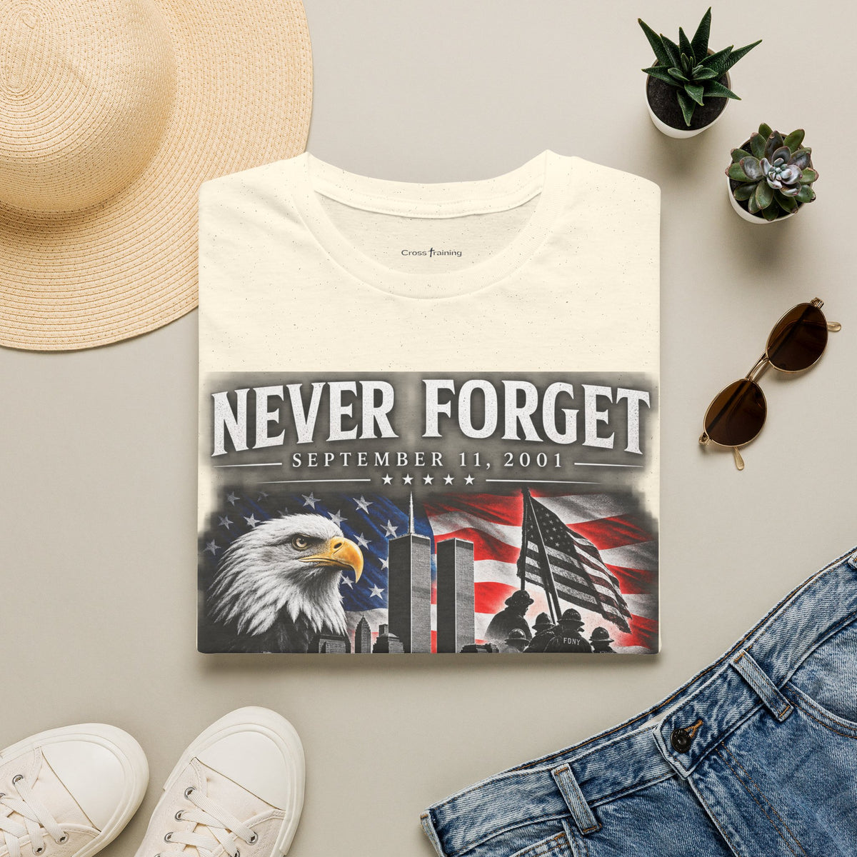 Never Forget 9/11 Memorial T-Shirt — American Flag & Eagle Tribute