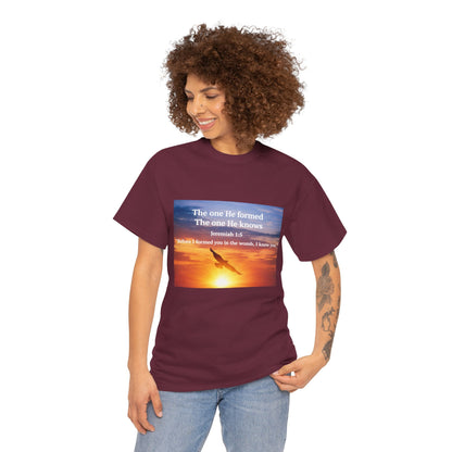 Christian Sunset T-Shirt — "Before I Formed You I Knew You" Scripture Tee