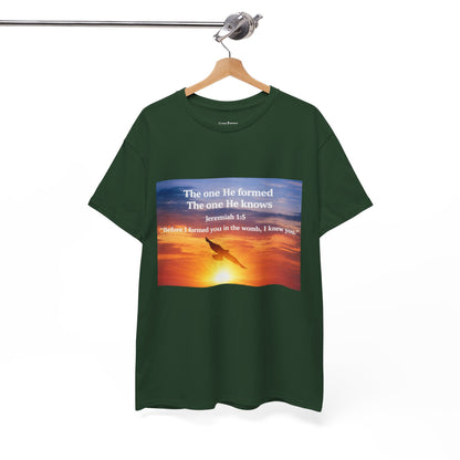 Christian Sunset T-Shirt — "Before I Formed You I Knew You" Scripture Tee