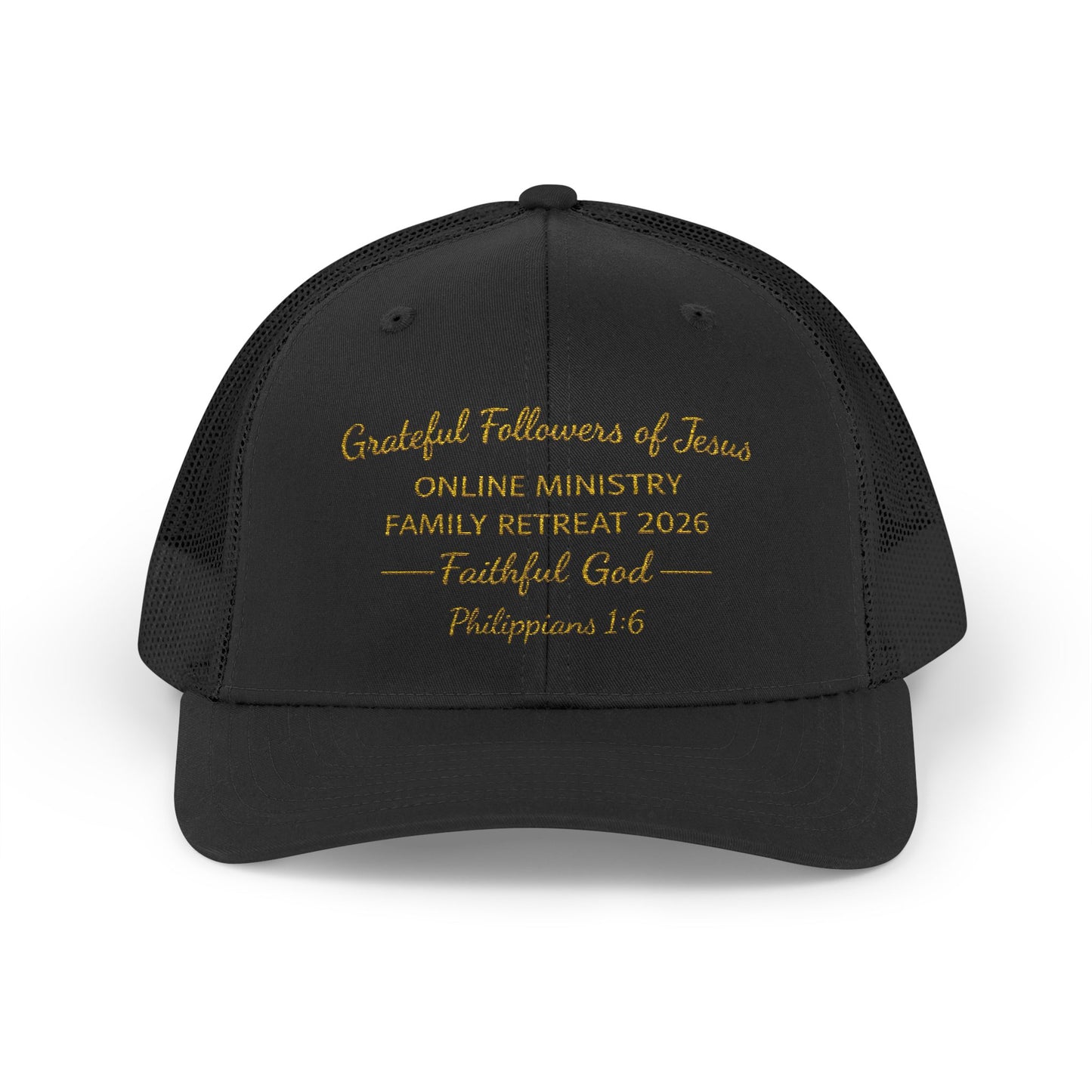 Embroidered Faith Retreat Trucker Cap — 'Faithful God' Family Ministry Snapback