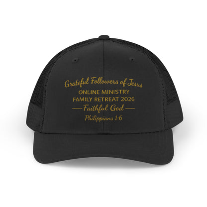 Embroidered Faith Retreat Trucker Cap — 'Faithful God' Family Ministry Snapback