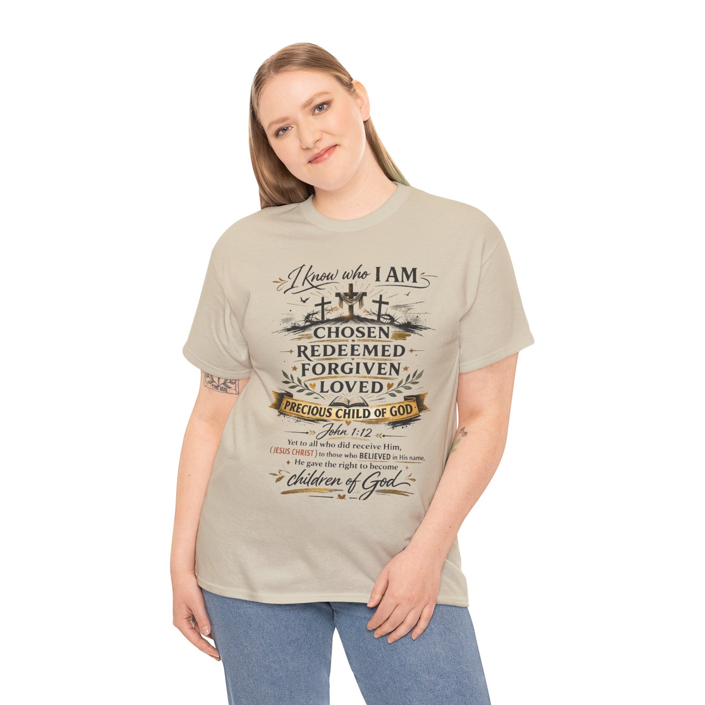 Christian Faith T-Shirt – “I Know Who I Am” Chosen, Redeemed, Forgiven Design