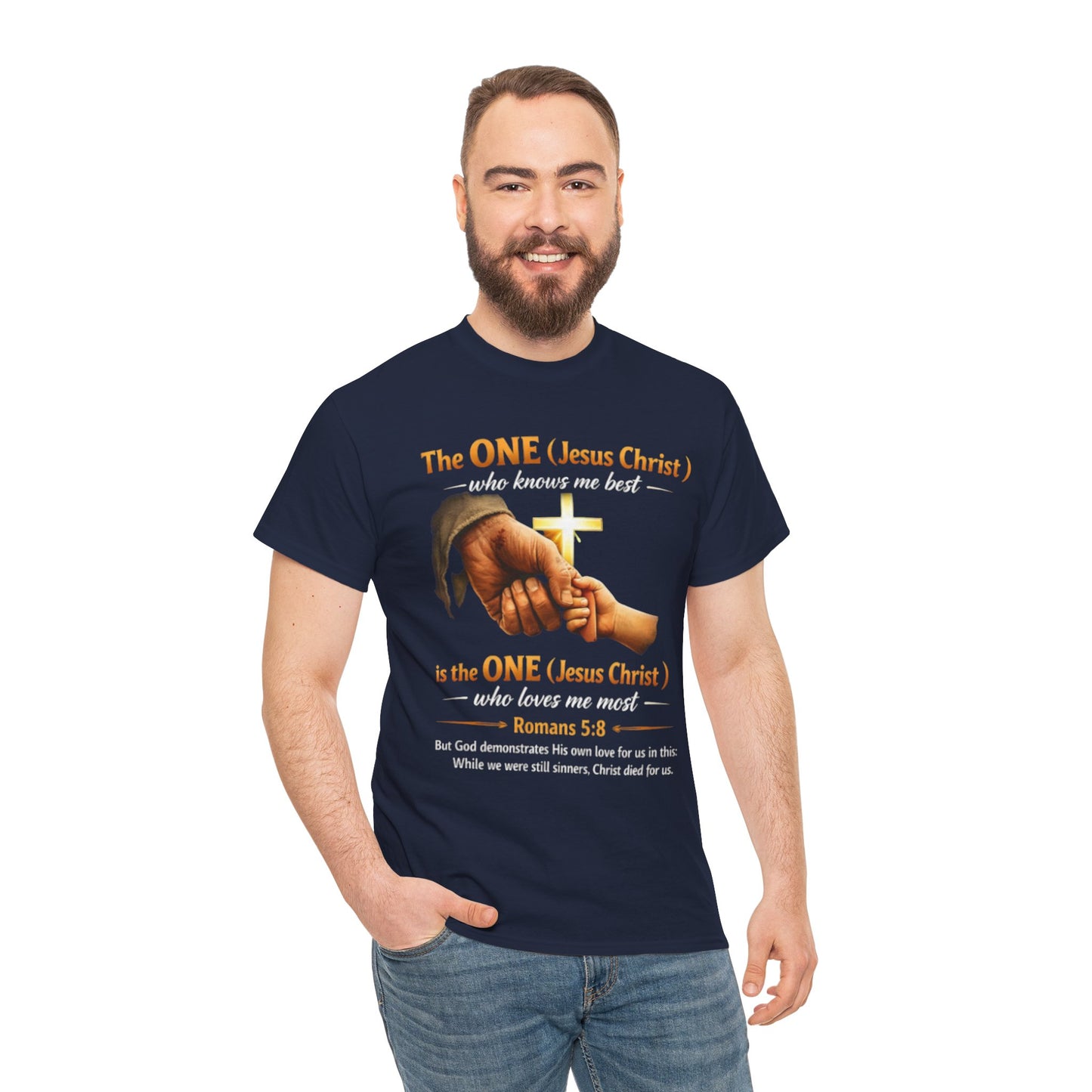 Christian T-Shirt — "The ONE (Jesus Christ)" Cross & Romans 5:8 Inspirational Tee