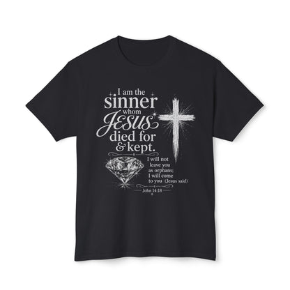 Christian Faith T-Shirt — "I am the sinner whom Jesus died for & kept" Pink Tee