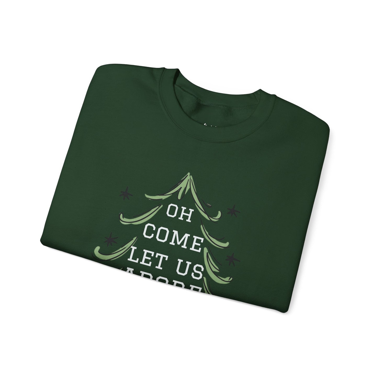 Unisex-Oh Come Let Us Adore Him Sweatshirt — Christmas Tree Nativity Holiday Crewneck