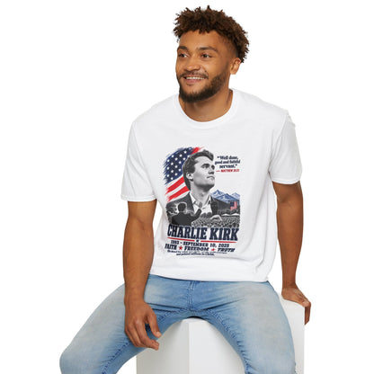 Charlie Kirk Tribute T-Shirt — "Well done, good and faithful servant" Matthew 25:21