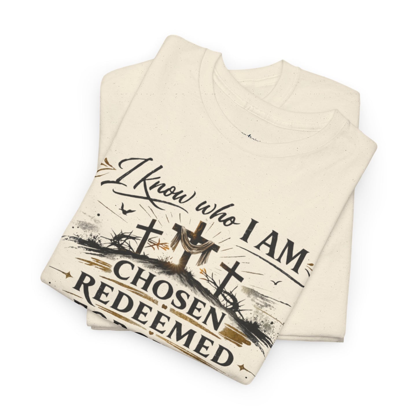 Christian Tee – "I Know Who I Am: Chosen, Redeemed, Forgiven, Loved" Spiritual Faith T-Shirt