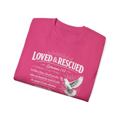Loved & Rescued Tee — Ephesians 1:13 Christian Dove T‑Shirt