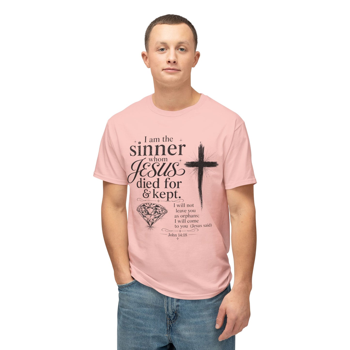 Christian Faith T-Shirt — "I am the sinner whom Jesus died for & kept" Pink Tee