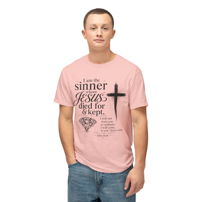 Christian Faith T-Shirt — "I am the sinner whom Jesus died for & kept" Pink Tee
