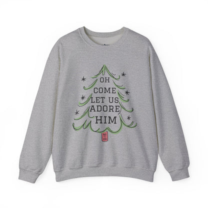 Unisex-Oh Come Let Us Adore Him Sweatshirt — Christmas Tree Nativity Holiday Crewneck