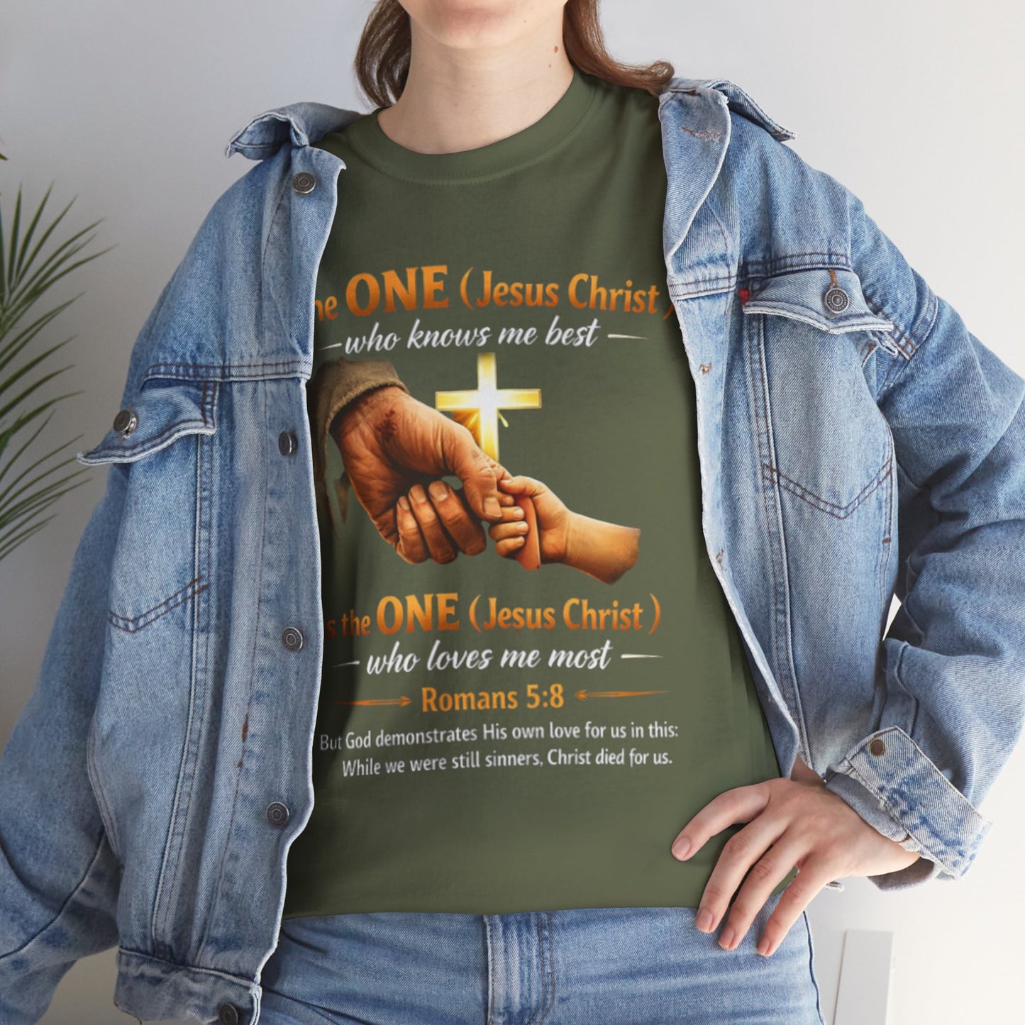 Christian T-Shirt — "The ONE (Jesus Christ)" Cross & Romans 5:8 Inspirational Tee