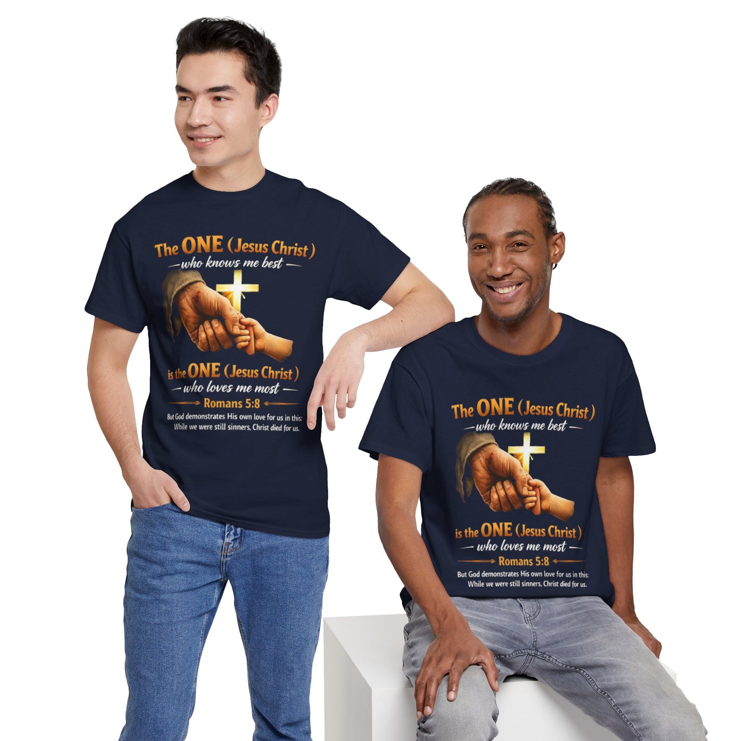 Christian T-Shirt — "The ONE (Jesus Christ)" Cross & Romans 5:8 Inspirational Tee