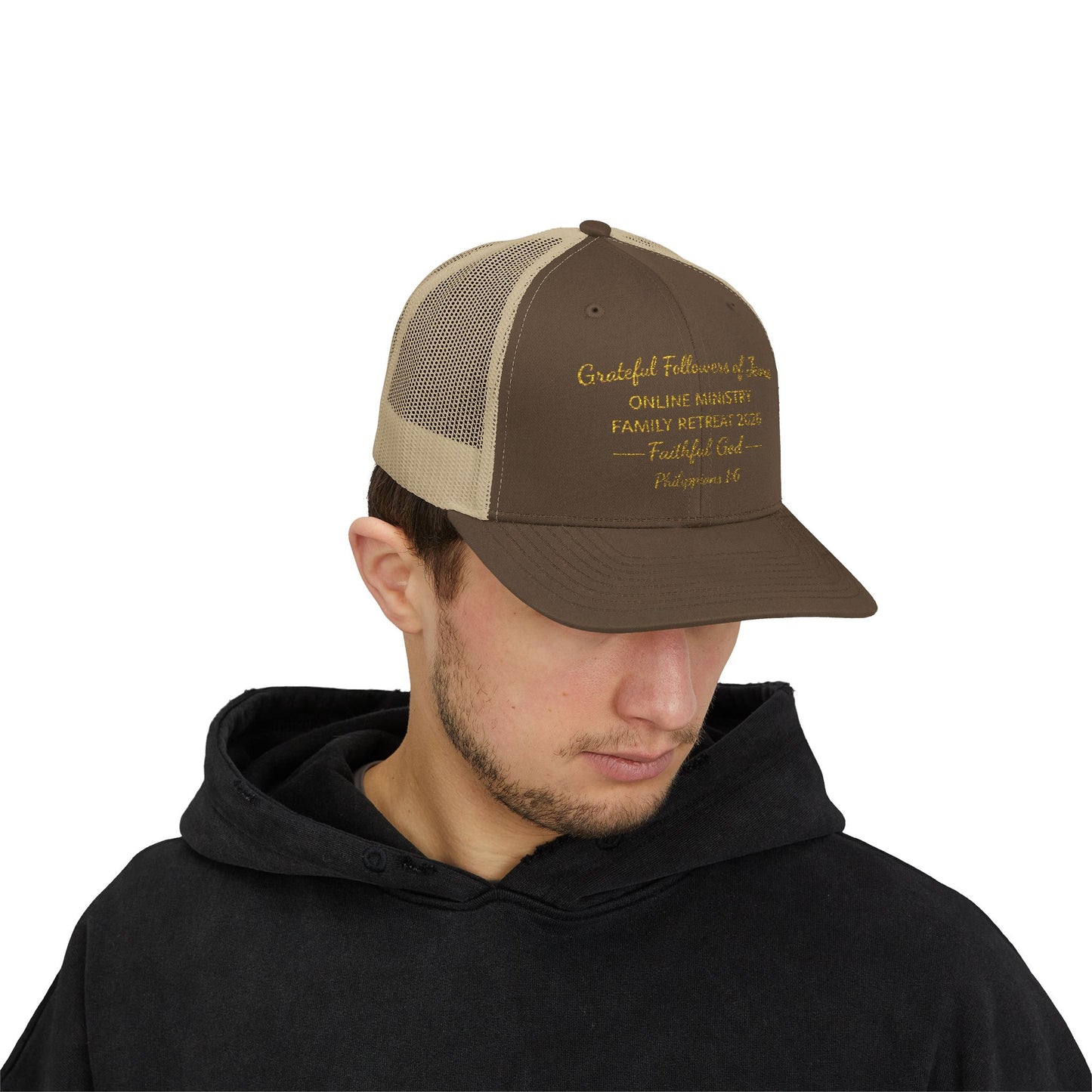 Embroidered Faith Retreat Trucker Cap — 'Faithful God' Family Ministry Snapback