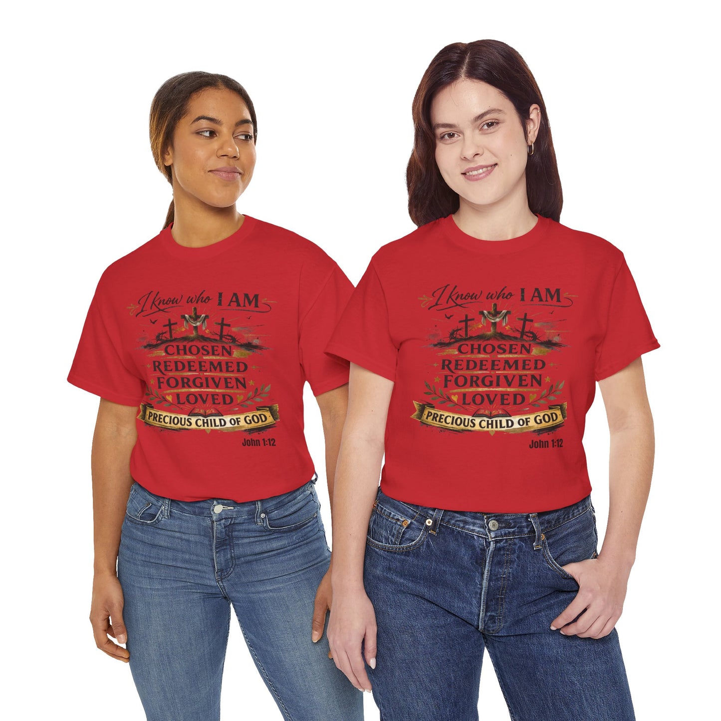 Christian Tee – "I Know Who I Am: Chosen, Redeemed, Forgiven, Loved" Spiritual Faith T-Shirt