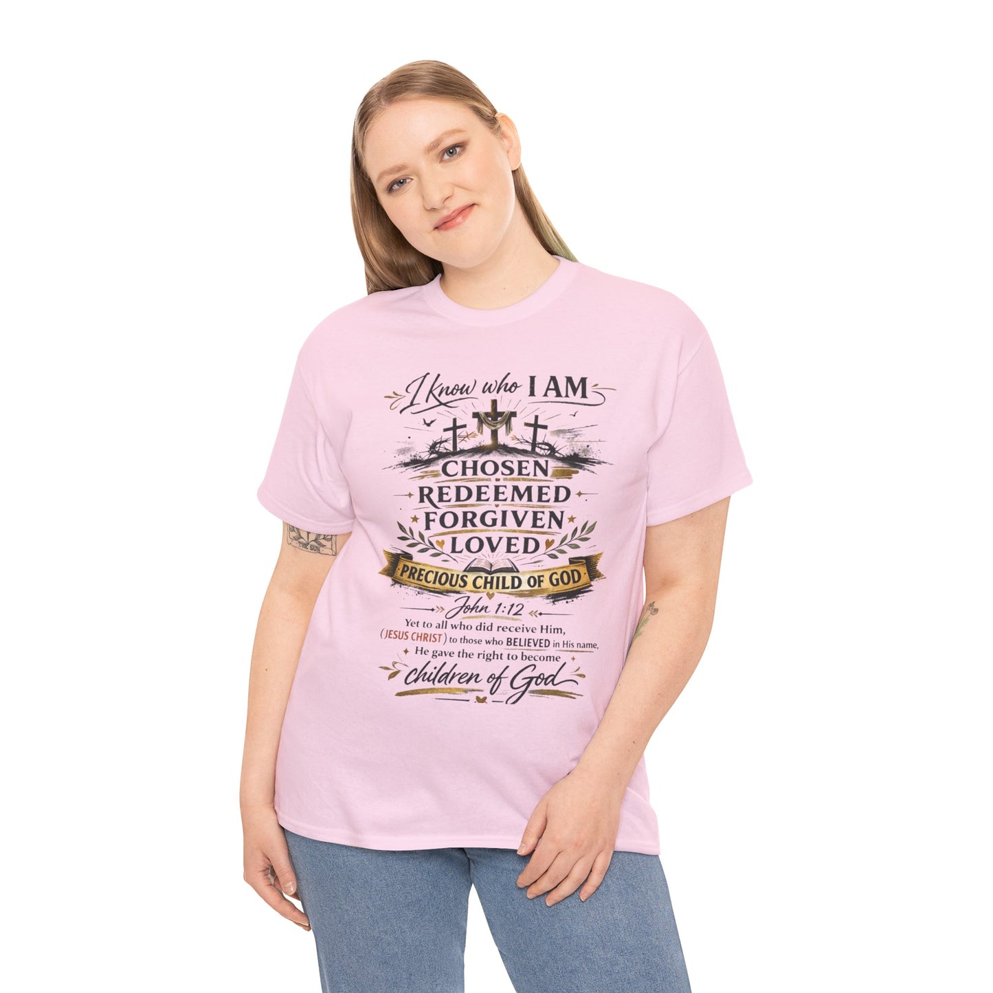 Christian Faith T-Shirt – “I Know Who I Am” Chosen, Redeemed, Forgiven Design