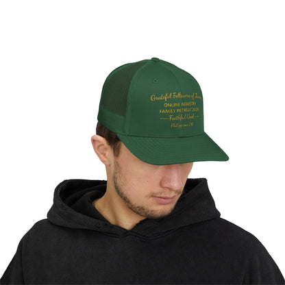 Embroidered Faith Retreat Trucker Cap — 'Faithful God' Family Ministry Snapback