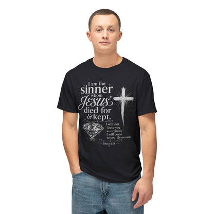 Christian Faith T-Shirt — "I am the sinner whom Jesus died for & kept" Pink Tee