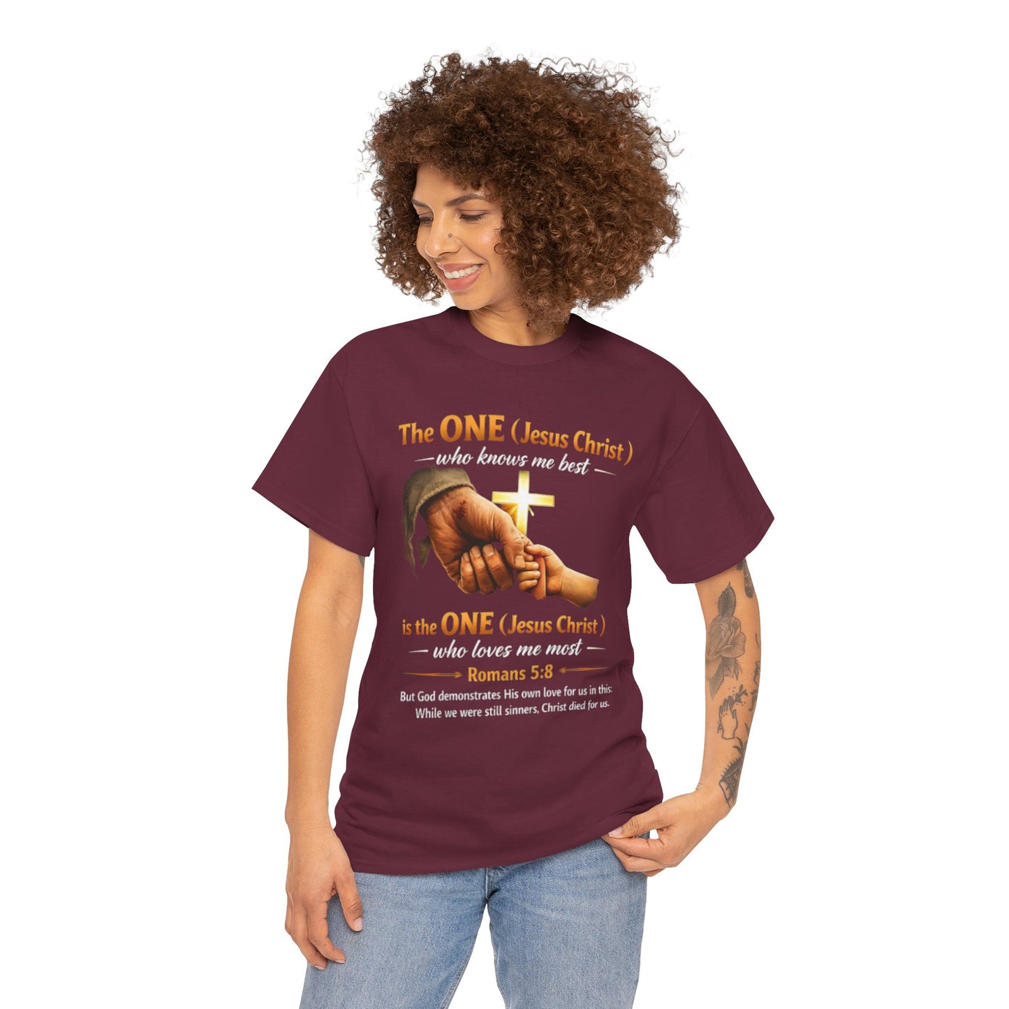 Christian T-Shirt — "The ONE (Jesus Christ)" Cross & Romans 5:8 Inspirational Tee