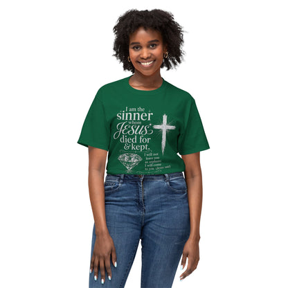 Christian Faith T-Shirt — "I am the sinner whom Jesus died for & kept" Pink Tee