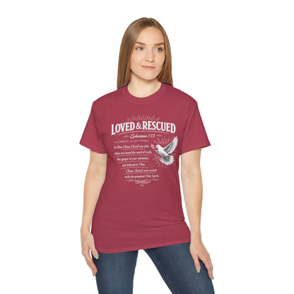 Loved & Rescued Tee — Ephesians 1:13 Christian Dove T‑Shirt